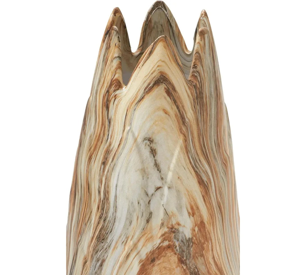Modern Ceramic Vase with Marbled Finish, Angled Edge Design for Home Decor, Rust Accents, 7x7x21 Inches Beige Centerpiece
