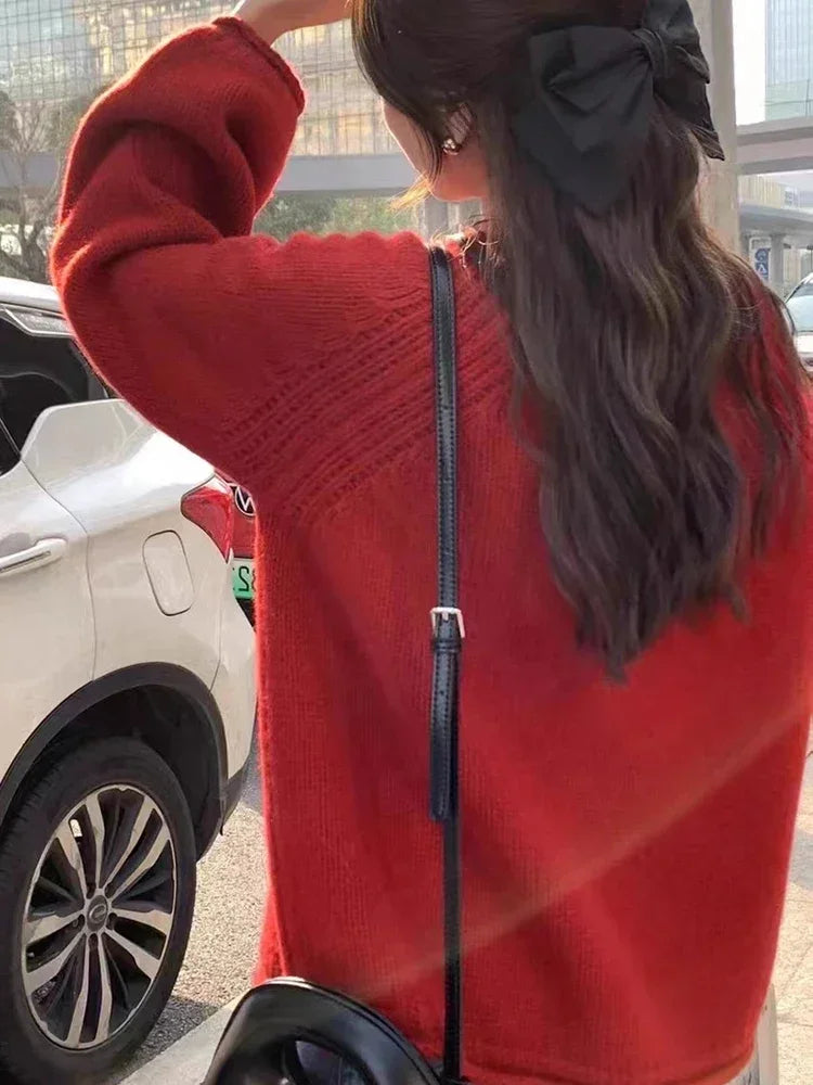 2025 Chic Solid Femme Sweater Pullover Loose Long Sleeve Women Sweater Korean Autumn Winter Jumpers Knitwear Soft Warm Tops