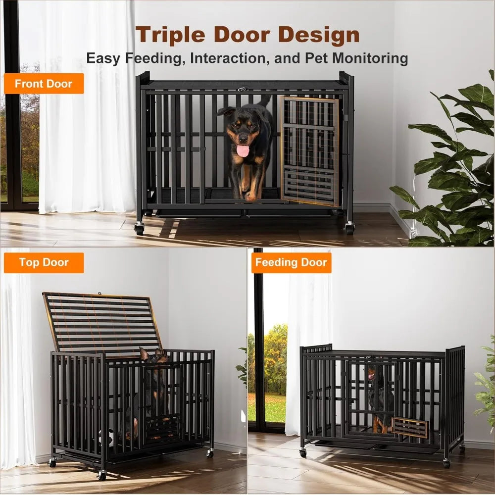 42 inch heavy duty dog crate, upgraded thickened steel frame indestructible kennel for large & high anxiety dogs, escape proof d