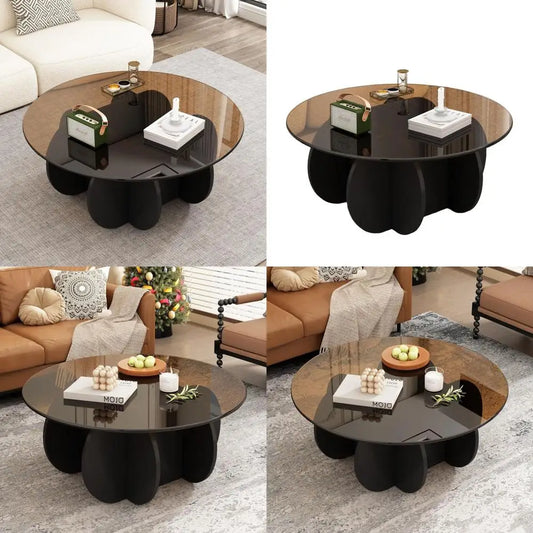 Mid-Century Modern 31.5 Round Glass Coffee Table, Black & Brown, Ideal for Small Spaces & Home Offices