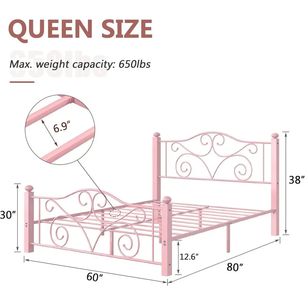 Queen Size Metal Bed Frame with Headboard & Footboard, Slat Support, No Box Spring, Easy Assembly, Light Pink