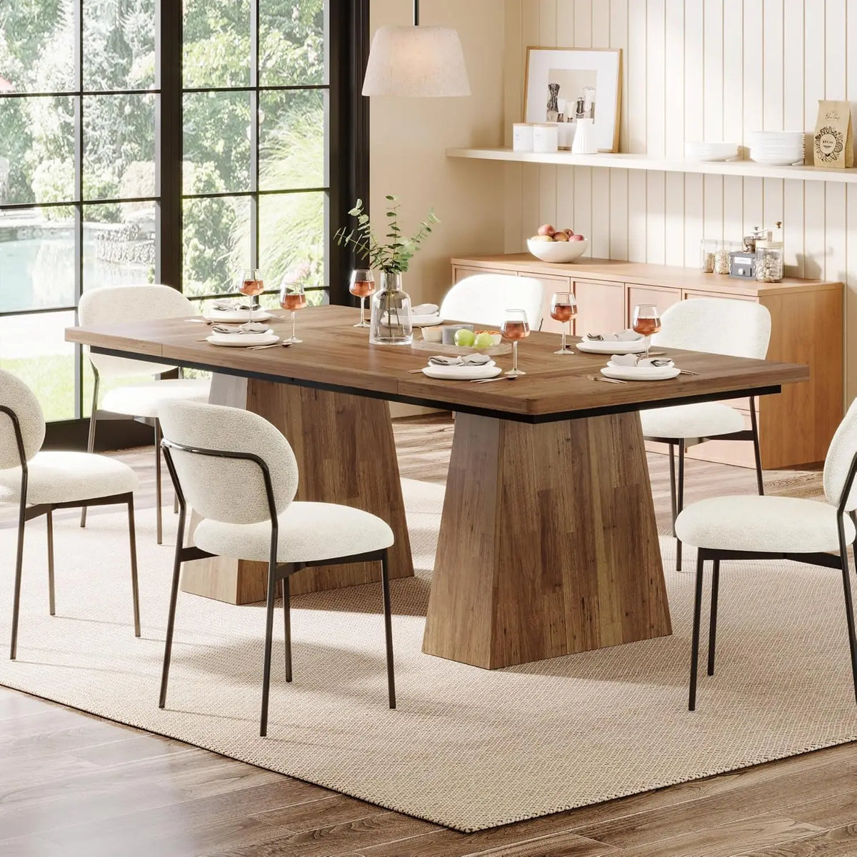 LITTLE TREE Dining Table for 6,Farmhouse Wood Dinner Rectangular Table with Double Pedestal, 63" L x 31.5" W x 30" H