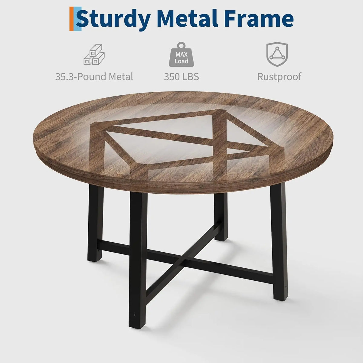 47" Round Industrial Dining Table - Rustic Wood Top w/Metal Frame, Seats 4-6 (No Chairs)