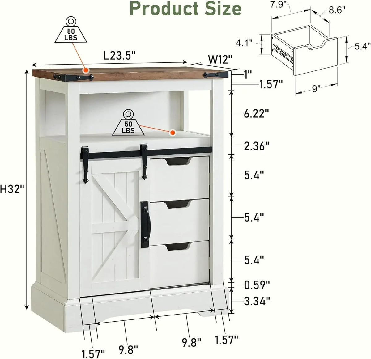 Bathroom Floor Cabinet, Farmhouse Cabinet with Sliding Barn Door & Storage Drawers, Small Storage Cabinet for Bathroom, Kitchen,