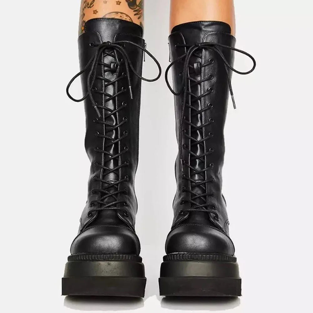 DoraTasia Black Gothic Fashion Round Toe Side Zipper Lace Up Women's Mid Calf Boots New INS Christmas Street Party Shoes Woman