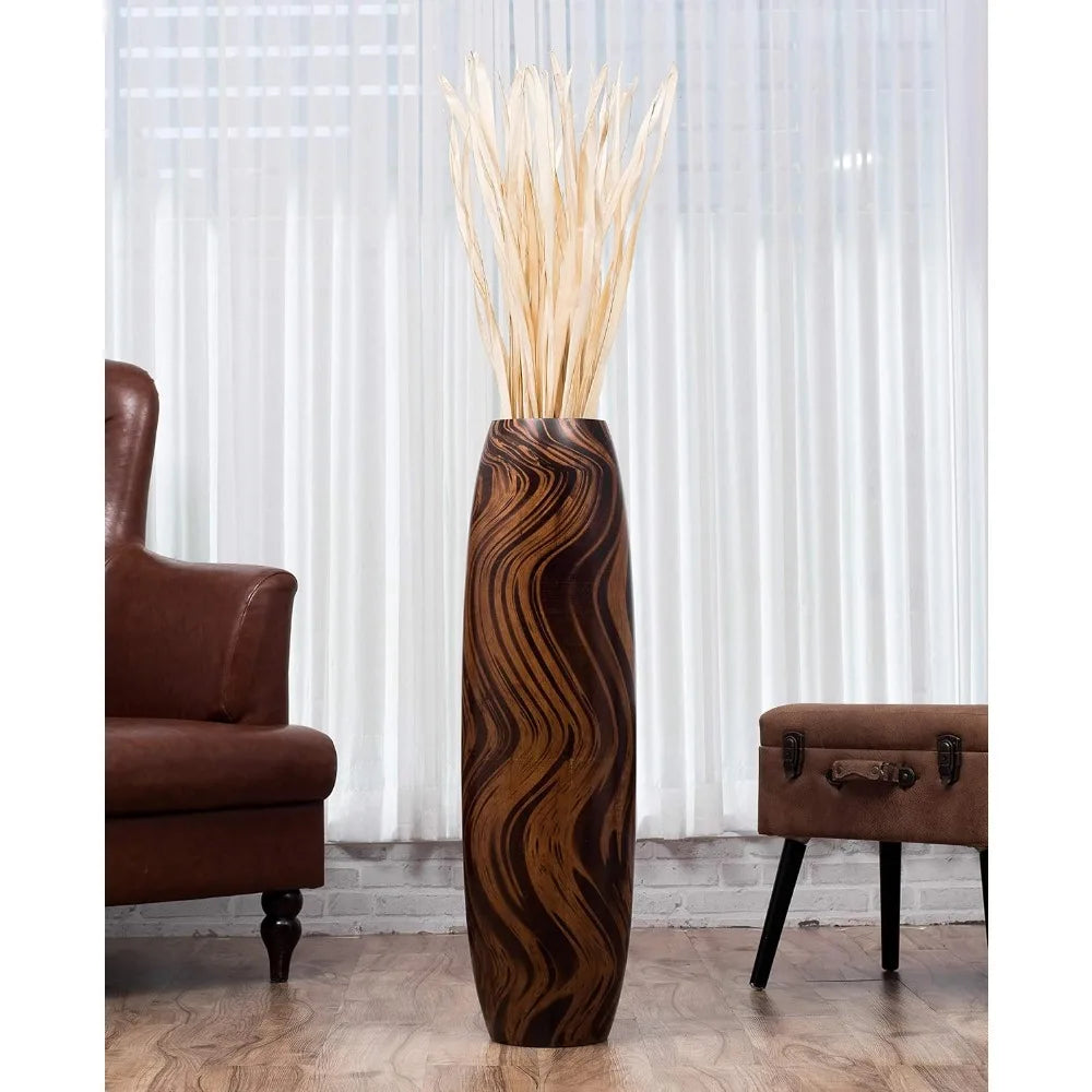 Large Brown Wooden Floor Vase - 34 Tall Decorative Holder for Artificial Plants and Pampas Grass
