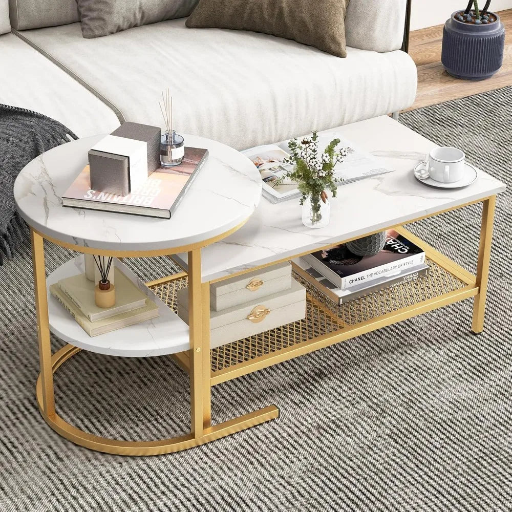 Nesting Coffee Table Set of 2, Detachable Rectangular Coffee Table & Small Round End Table Set, Faux Marble Pattern & Sturdy Me