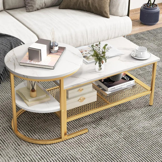 Nesting Coffee Table Set of 2, Detachable Rectangular Coffee Table & Small Round End Table Set, Faux Marble Pattern & Sturdy Me