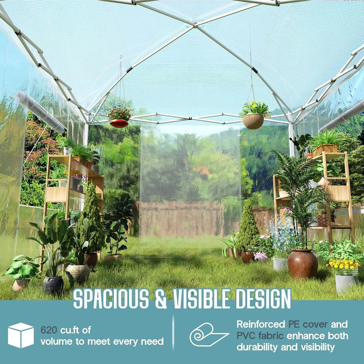 [New Arrival!]10×10×8.5 FT Outdoors Pop-up Greenhouses with Adjustable Reinforced Frame, Portable Walk in Greenhouse with 2 Roll
