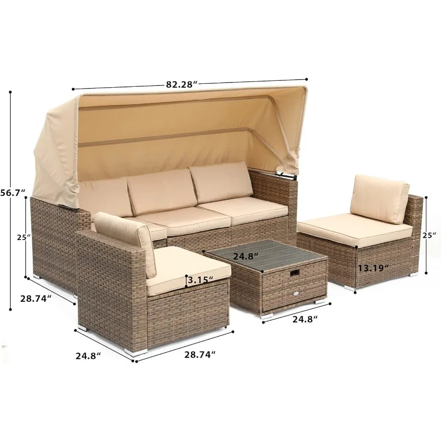 Outdoor Patio Wicker Daybed Furniture Set with Retractable Canopy Storable Side Table and Soft Cushions for Relaxing in Your Ba