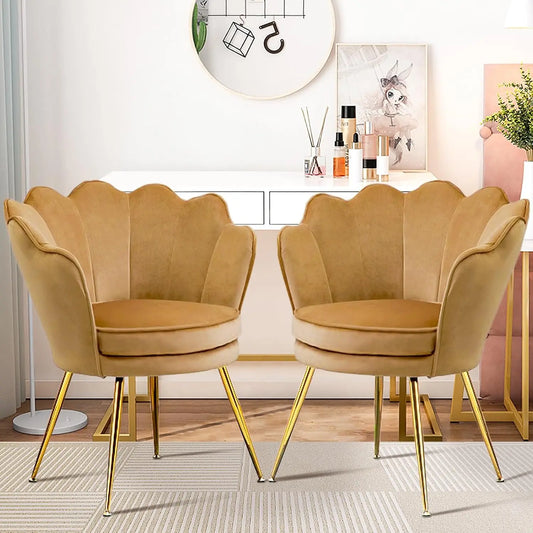 2-Piece Velvet Accent Chairs for Living Room, Brown Metal-Leg Side Chairs