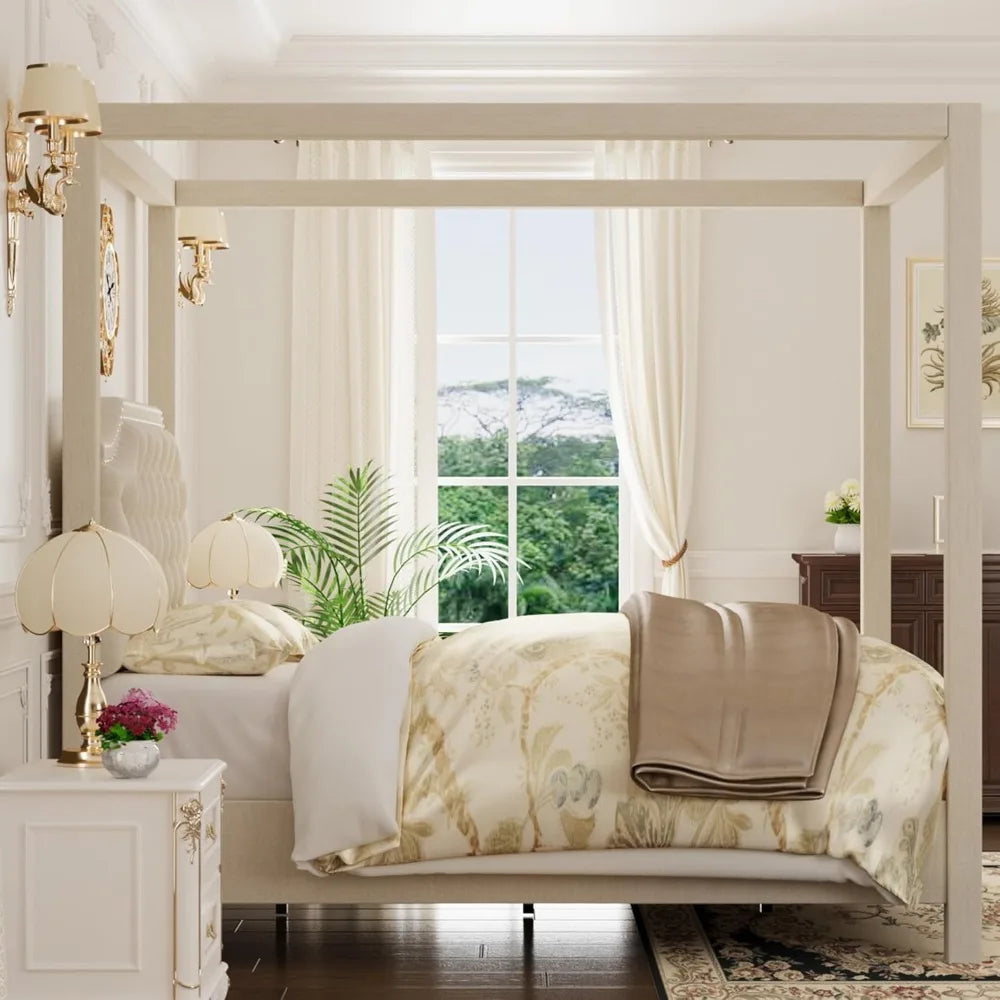 Queen Size Upholstered Button Tufted Canopy Bed Frame with Headboard, Nailhead Trim, No Box Spring Needed
