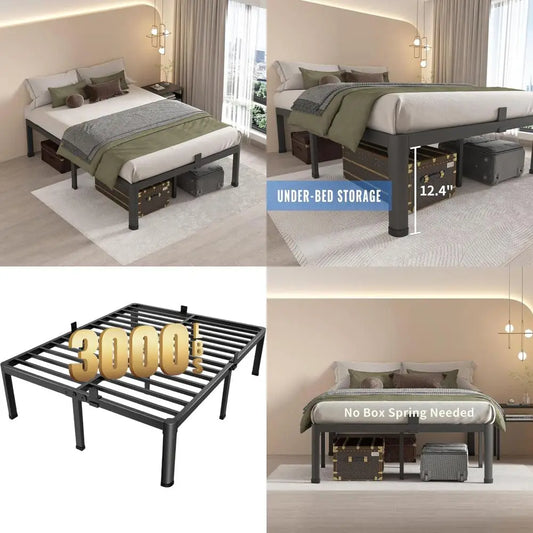 14 Queen Metal Bed Frame, Heavy Duty 3000 lbs Support, Round Corner Legs, No Box Spring, Easy Assembly