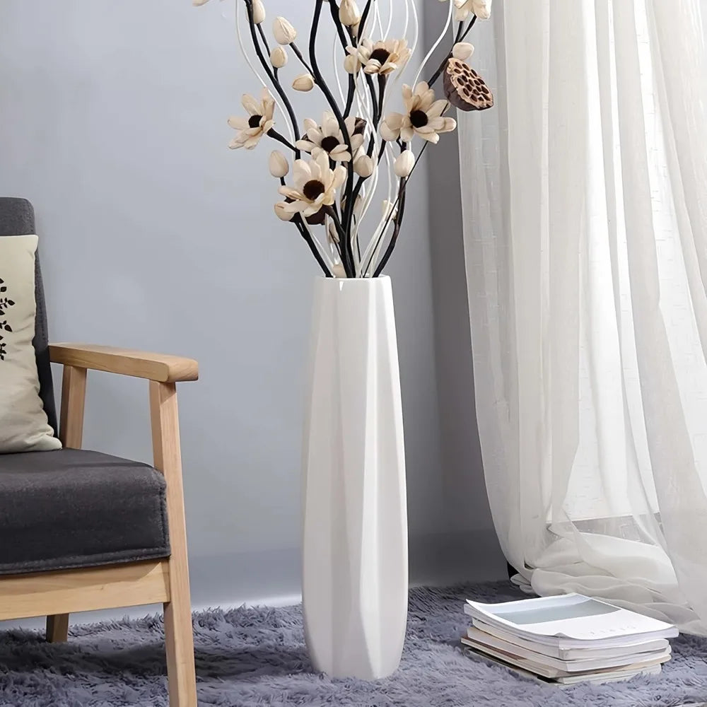 Large White Ceramic Floor Vase - 24 Tall Modern Decorative Vase for Living Room, Home, Office, Bedroom - Flower Vase Accent Piec