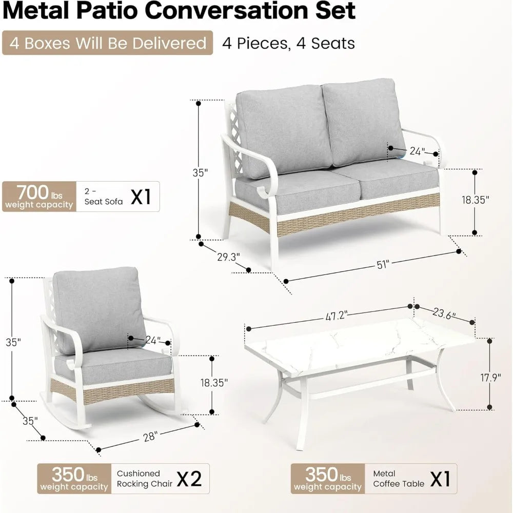 4 Piece Metal Outdoor Patio Furniture Set, Patio Conversation Sets 1 2-Seater Sofa, 2 Single Sofa with 5.75" Extra Thick Cushion