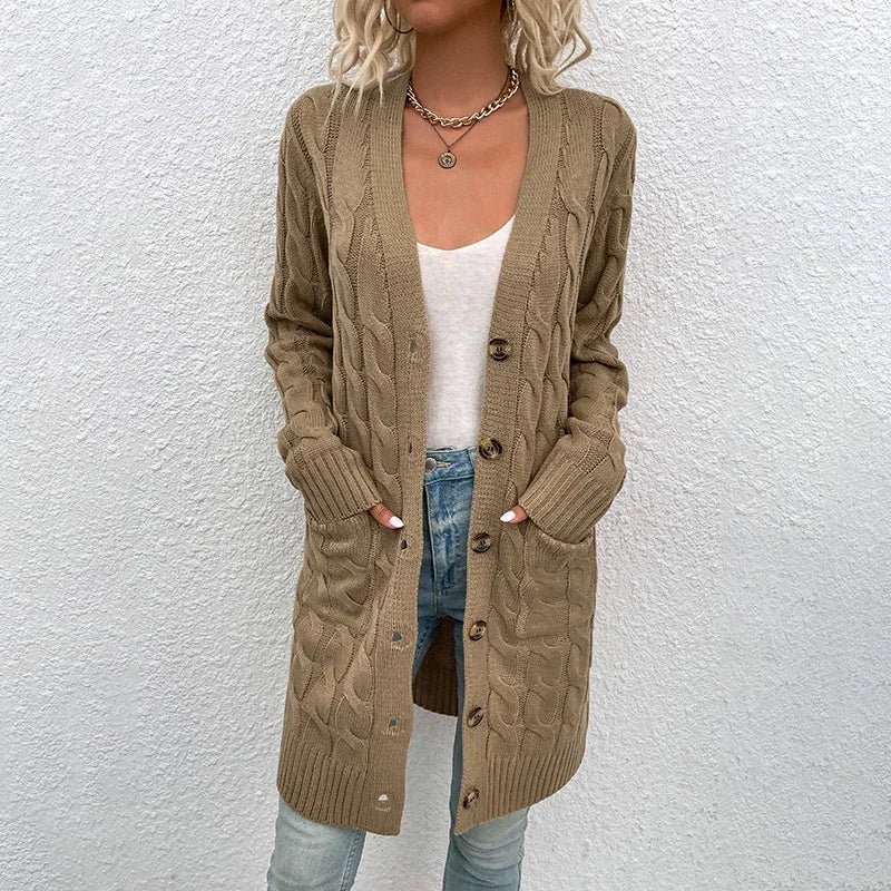 European and American Knitwear Autumn and Winter Long Fried Dough Twists Sweater Women's Button Cardigan