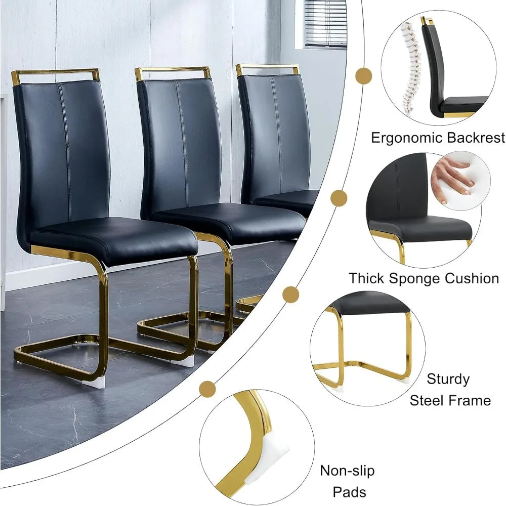 Gold 55 Dining Table Set for 4 with Black Leatherette Chairs and Black Wood Top