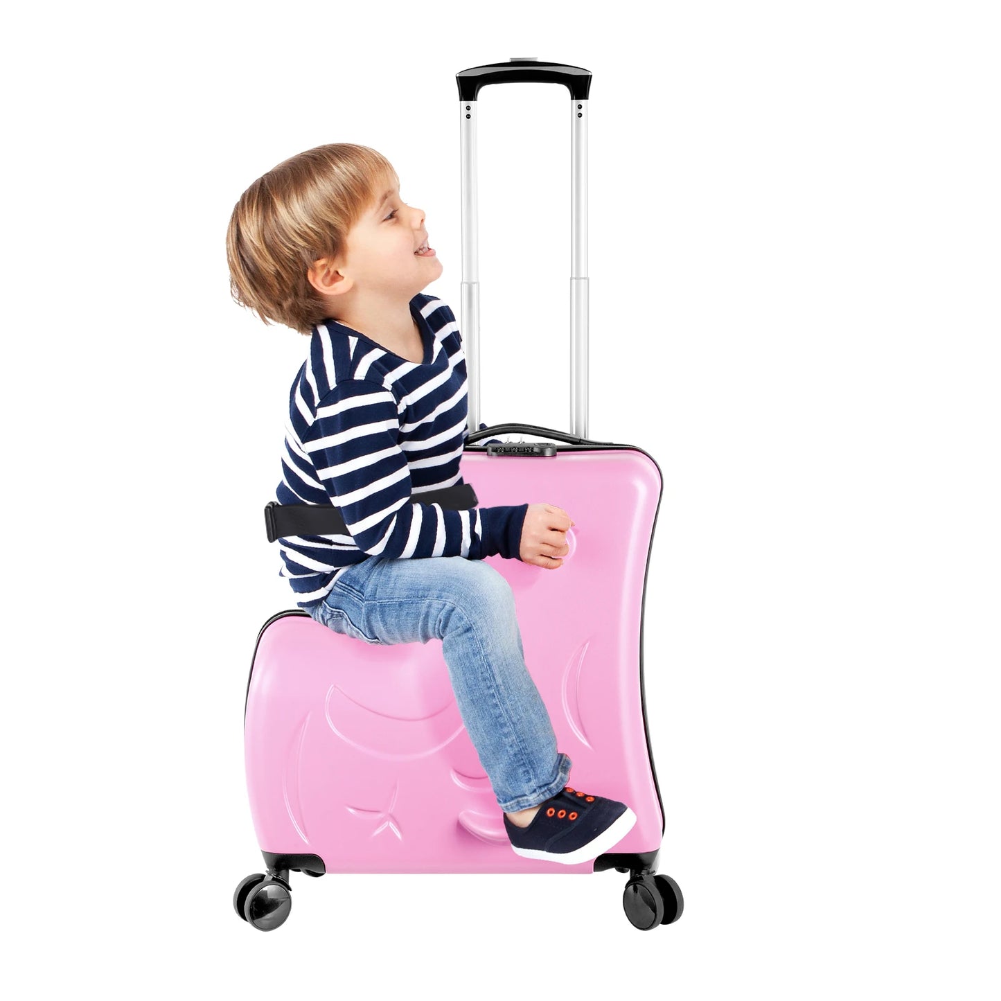 20in Kids Ride-On Luggage, Toddler Luggage Seat, Kids Travel Suitcase with Safety Belt, Wheels for Toddlers, (Pink, Caeey-On)