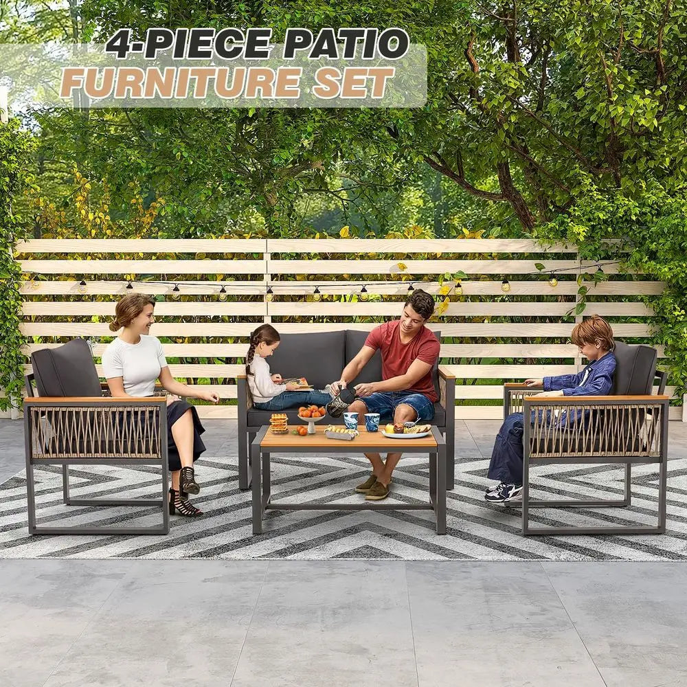 All-Weather Outdoor Patio Set: Solid Wood Balcony Furniture with Wicker & Cushioned Metal Chairs