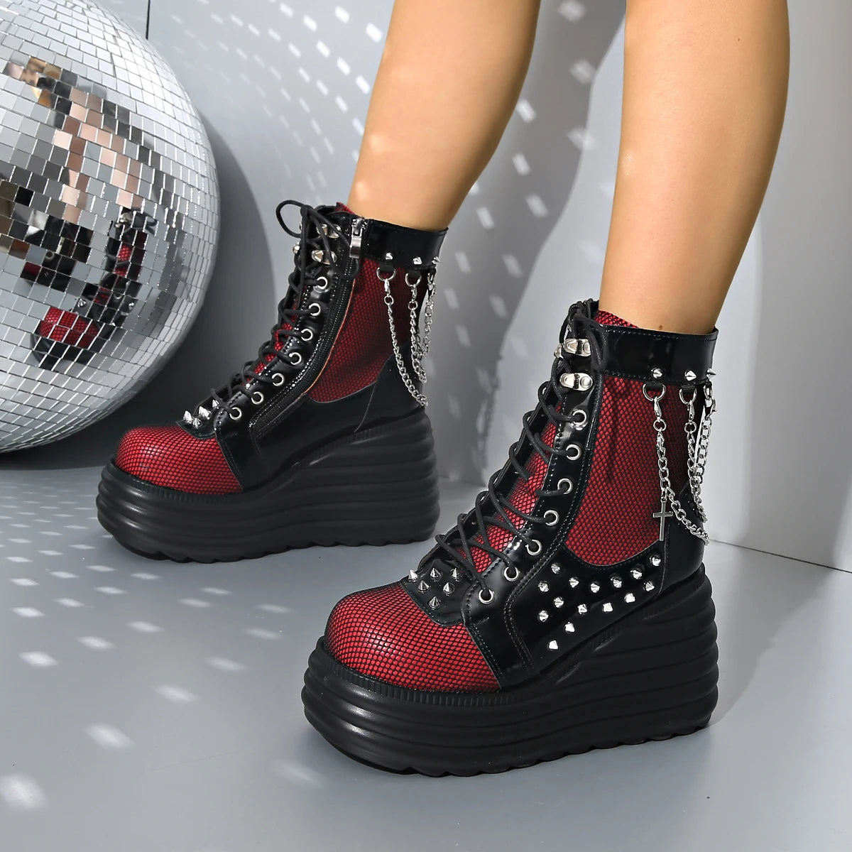 Gothic Y2k Women Ankle Boots Punk Wedges High Heels Platform Stacked Sole Metal Rivet Chain Decor Short Boots For Woman Autumn W