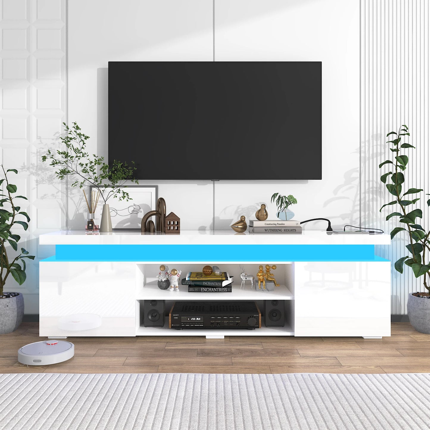 66 Inch LED TV Stand for 70/75 Inch TV, Modern Gaming TV Cabinet with Power Outlet, High Gloss Entertainment Center with Storage