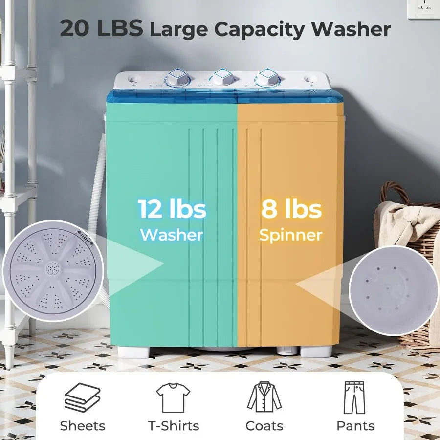 Portable Compact Twin Tub Washing Machine with 20Lbs Total Capacity for Apartment RV Dorm Use 12Lbs Washing and 8Lbs Spinning I