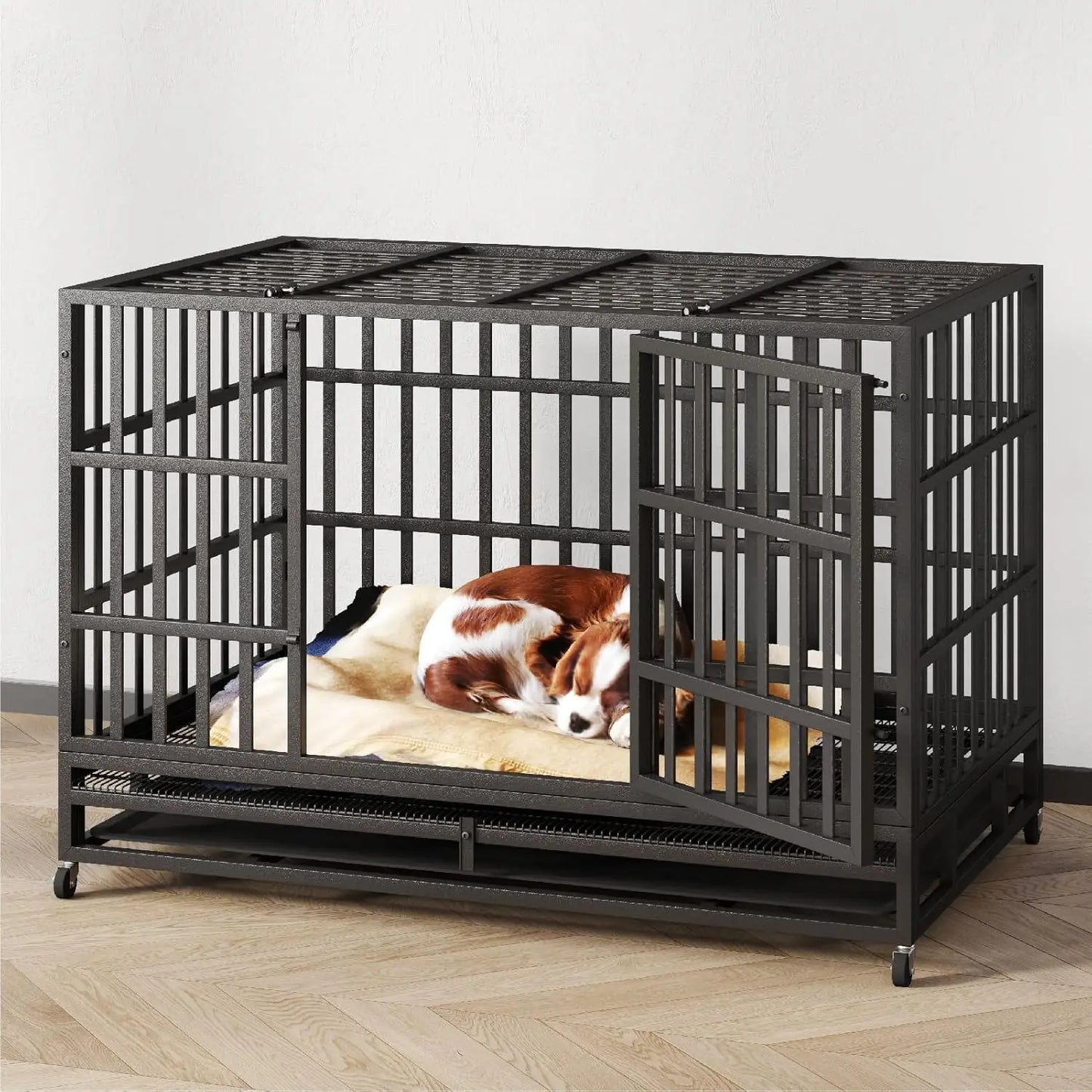 48 Inch Heavy Duty Dog Crate Steel Escape Proof, Indoor Double Door High Anxiety Cage, Removable Tray, Kennel with Wheels