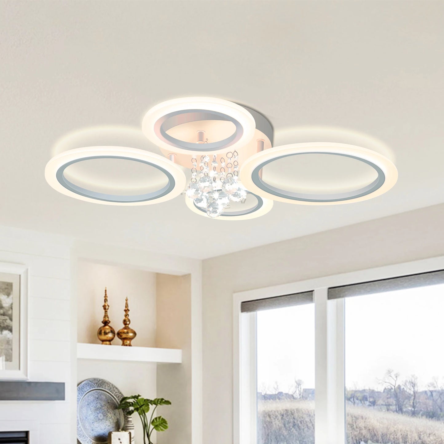 Dimmable Modern Flush Mount Ceiling Lighting Fixture White 4 Rings Round Chandelier Ceiling Lamp for Small Room, Bedroom