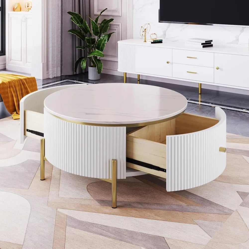 31.5" White Coffee Table with 2 Storage Drawers, Round Side Table, Circle Accent Table with Marble Pattern Tabletop, Modern
