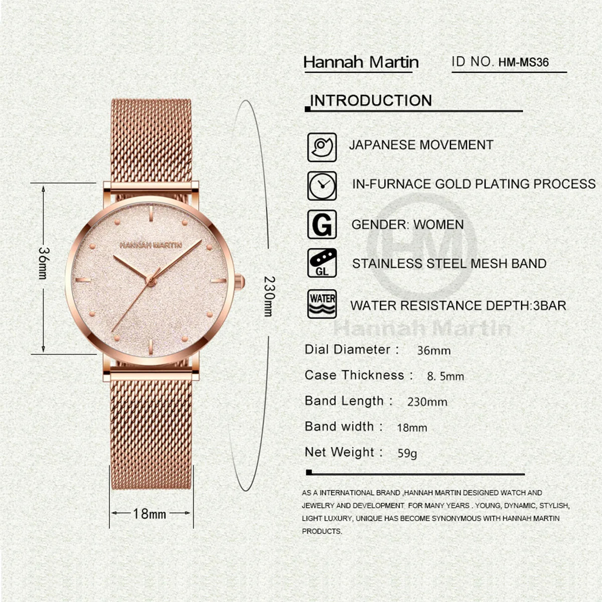 2025 New Women's Luxury Watch Matte Dial Japanese Quartz Movement Stainless Steel Mesh Strap Hannah Martin Brand Original Watch