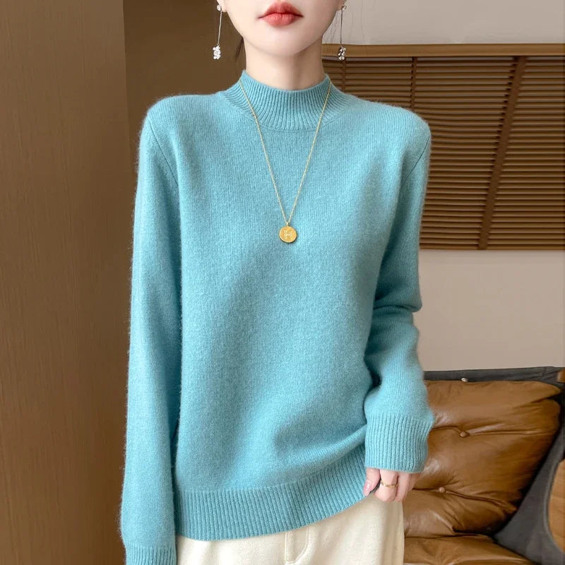 One Line Half Height 100% Andy Velvet Knitted Sweater For Women's Autumn And Winter New Top, Loose Long Sleeved Basic Style GH79