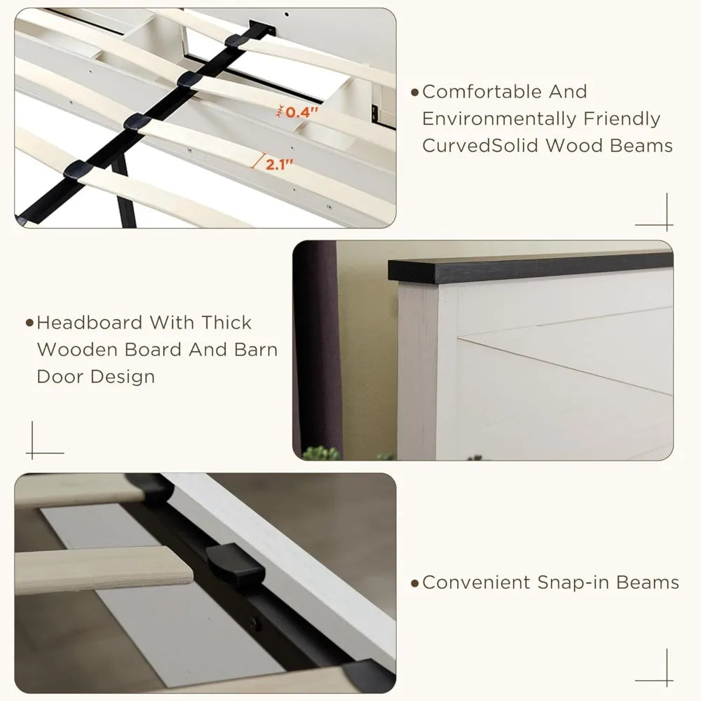 JXQTLINGMU Farmhouse Wood Bed Frame Full Size with Sliding Barn Door Storage Cabinets and Headboard, Solid Wood Slats Support, N