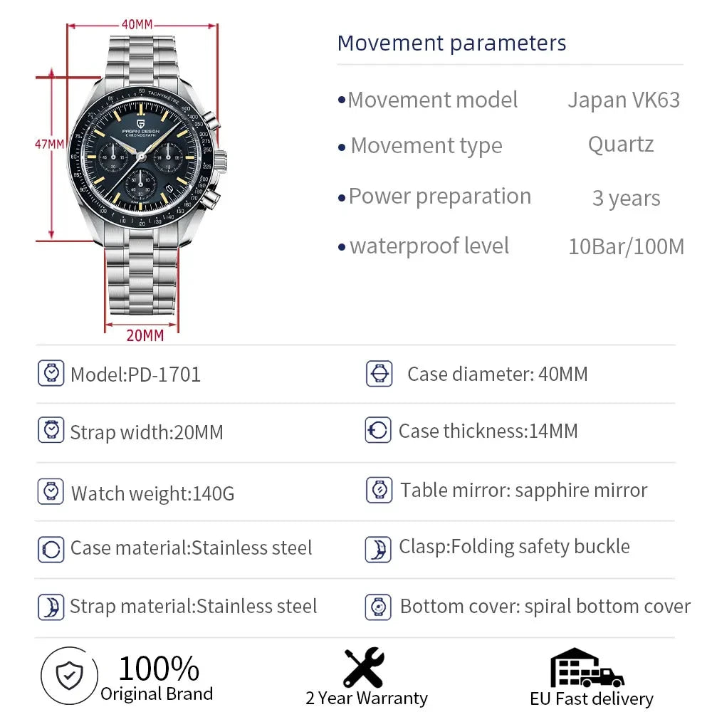 PAGANI DESIGN New Luxury Moon Quartz Watches For Men Stainless steel Luminous waterproof Sports Chronograph Man 2025 Retro Watch