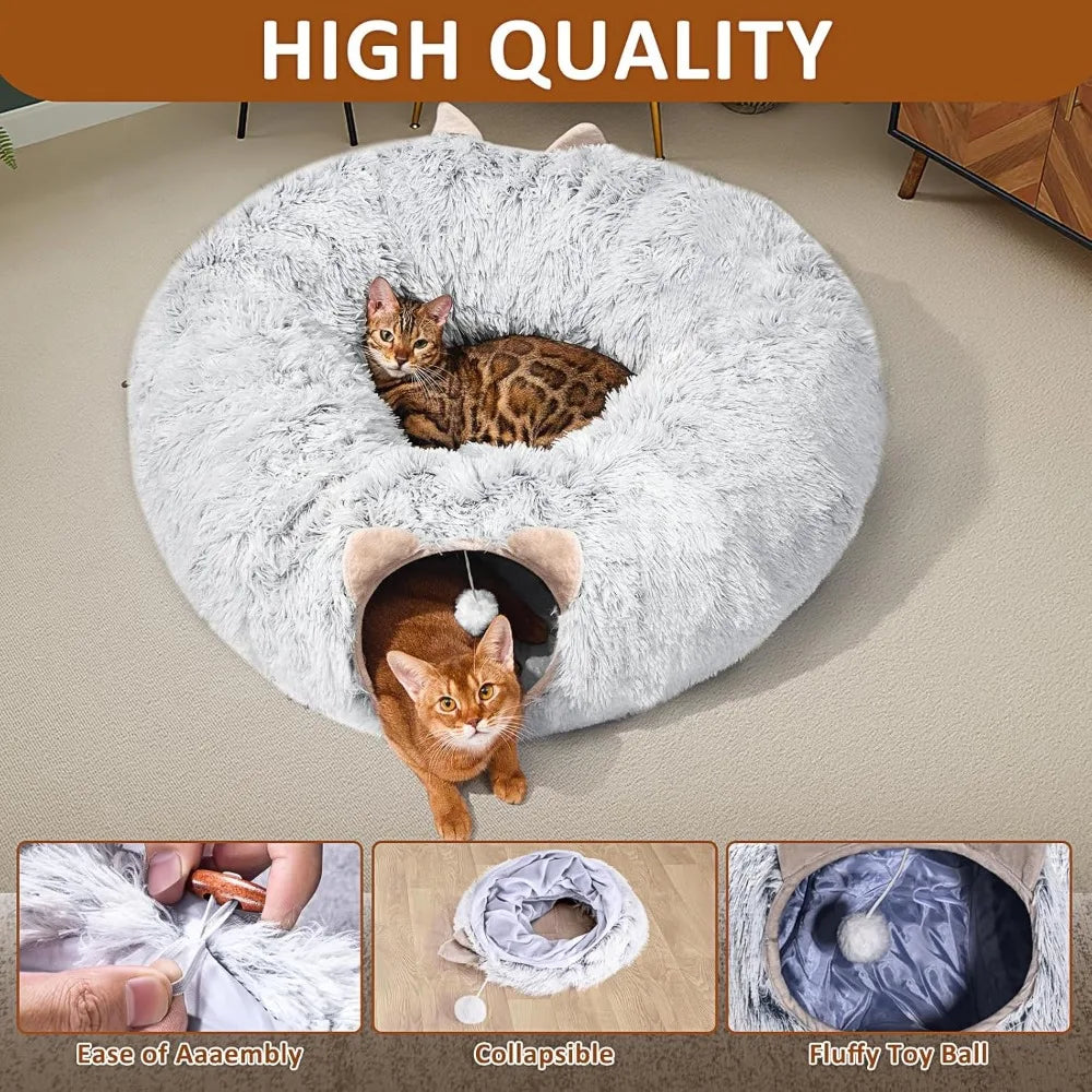 Cat Tunnel Bed – Plush Donut Cave for Indoor Cats, Fits Under Christmas Tree – Grey