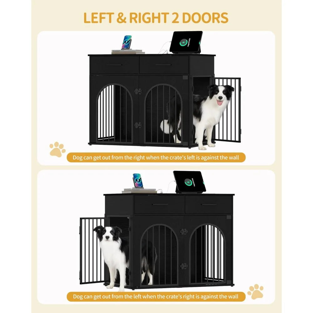 39.4'' large dog crate furniture with 2 storage drawers, heavy duty dog kennel indoor with charging station, wooden dog cage end