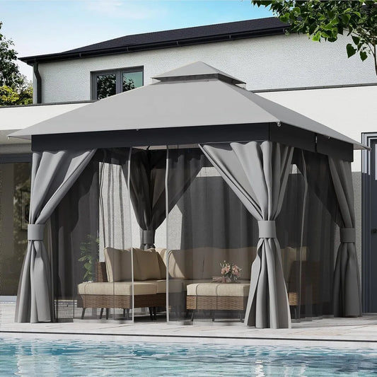 Outdoor Patio Gazebo 10'x10' with Expansion Bolts, Heavy Duty Gazebos Shelter Party Tent with Double Roofs, Mosquito Nettings a