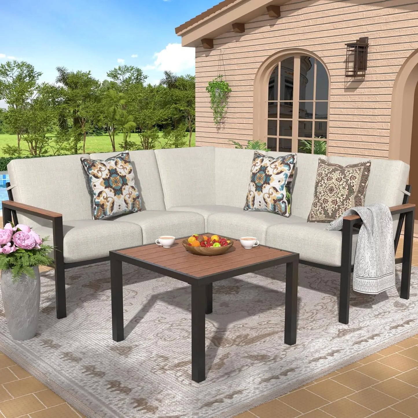 6 Pieces Outdoor Patio Furniture Set with Thick Olefin Cushions Ergonomic Design Highback Fauxwood Armrest And Tabletop