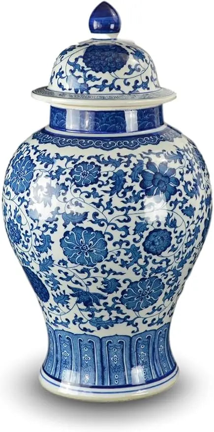 Large Antique-Inspired Blue and White Porcelain Floral Temple Jar Vase, Ming Dynasty Style, Handcrafted in Jingdezhen, China