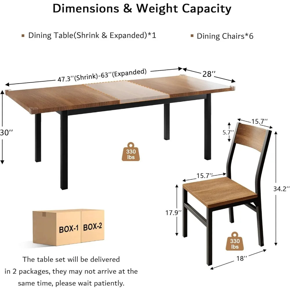 6-8 Seater Dining Table Set with 6 Chairs, 63" Extendable Kitchen Table Set, Solid Metal Frame Dining Room Table