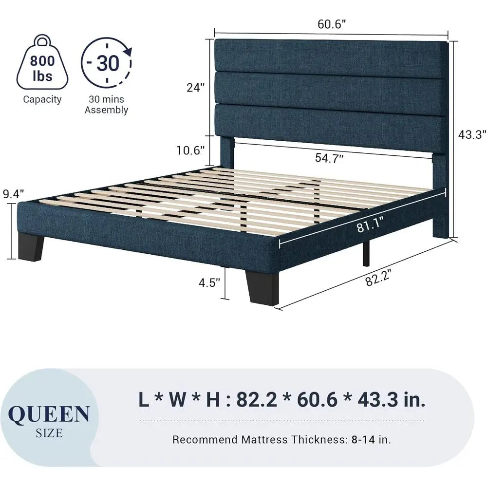 Navy Blue Queen Platform Bed Frame with Fabric Headboard, Wooden Slats, No Box Spring Needed, Easy Assembly