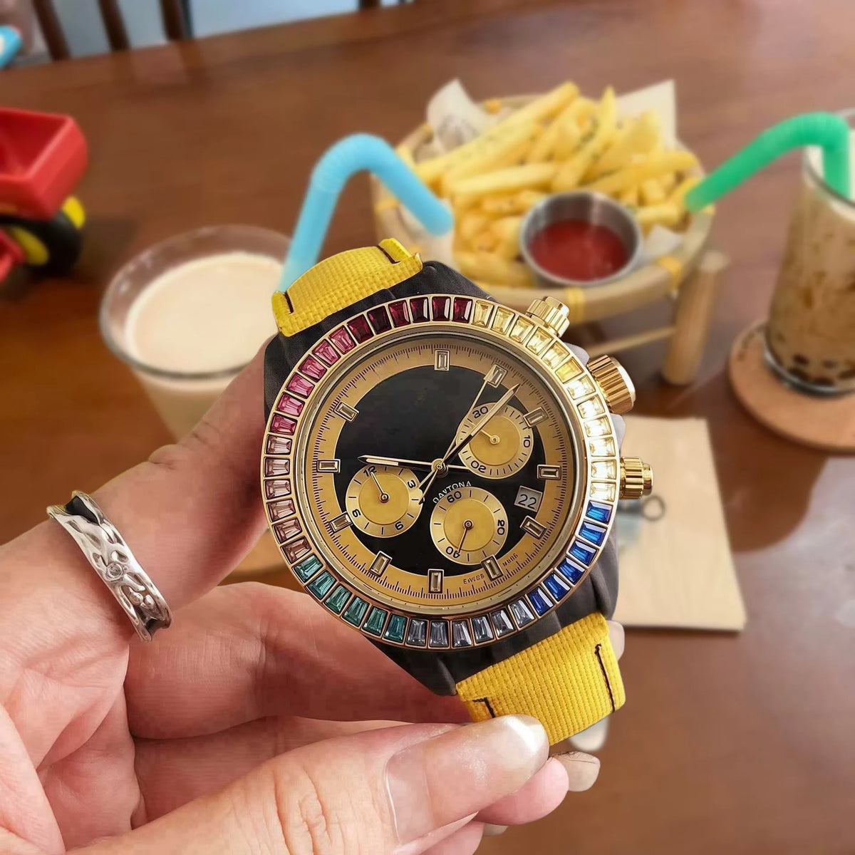 Luxury Mens Watch Genuine Stainless Steel Strap Alloy Case Three Eye Six Hands Chronograph Diamond Accent High Quality