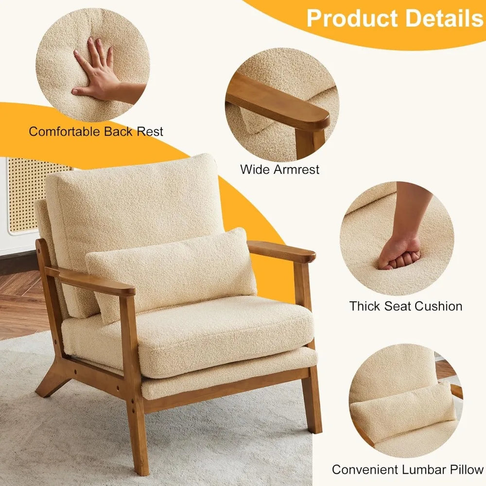 Accent Chair Wide Armrest Mid-Century Lounge Chair Teddy Fleece Armchair with Lumbar Pillow & Solid Wood Frame for Liv