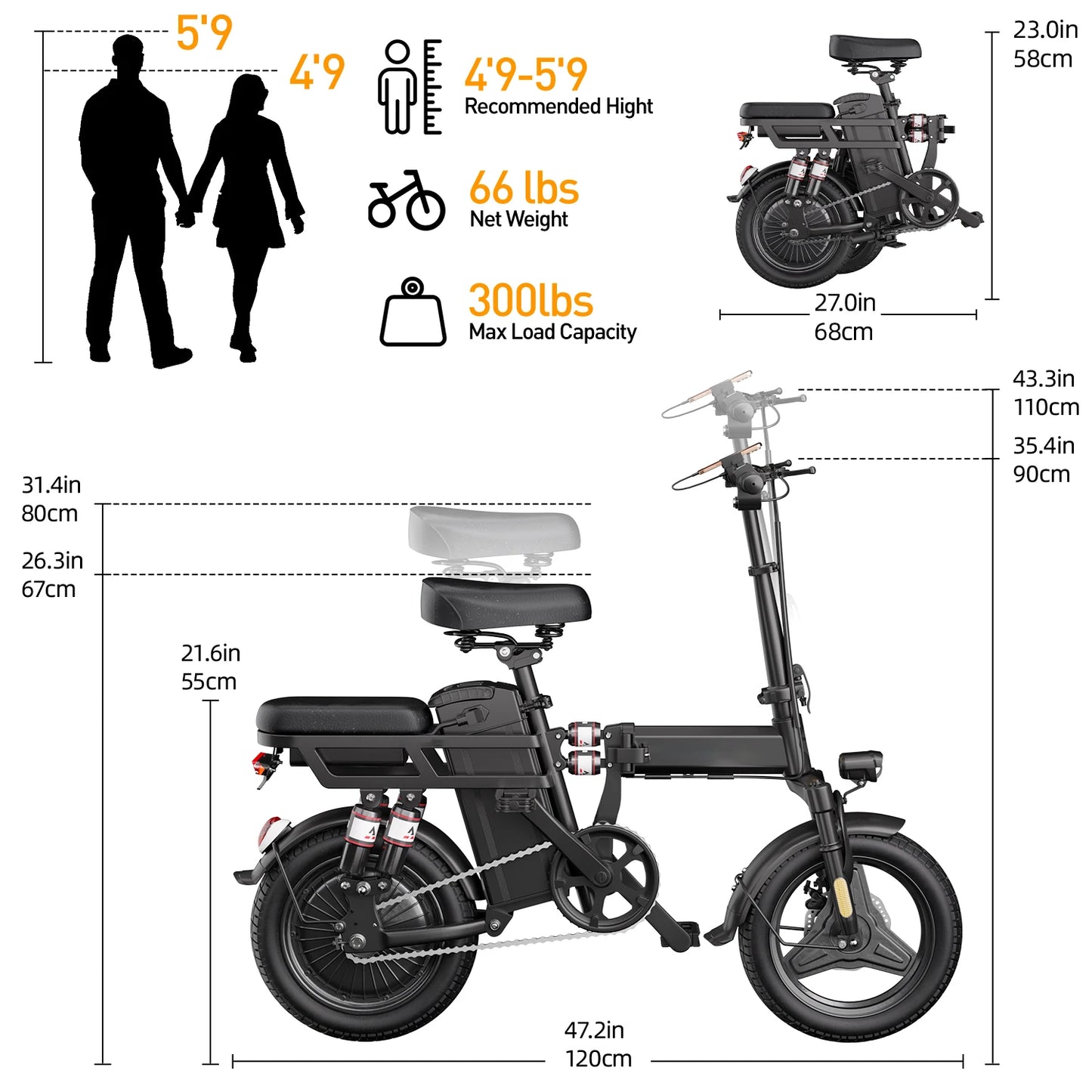 14" Folding Electric Motorcycles E Bike For Adults, 400W Peak Motor Ebike 19.9Mph 48V 10.3AH 15.3AH Electric Mountain Bicycle