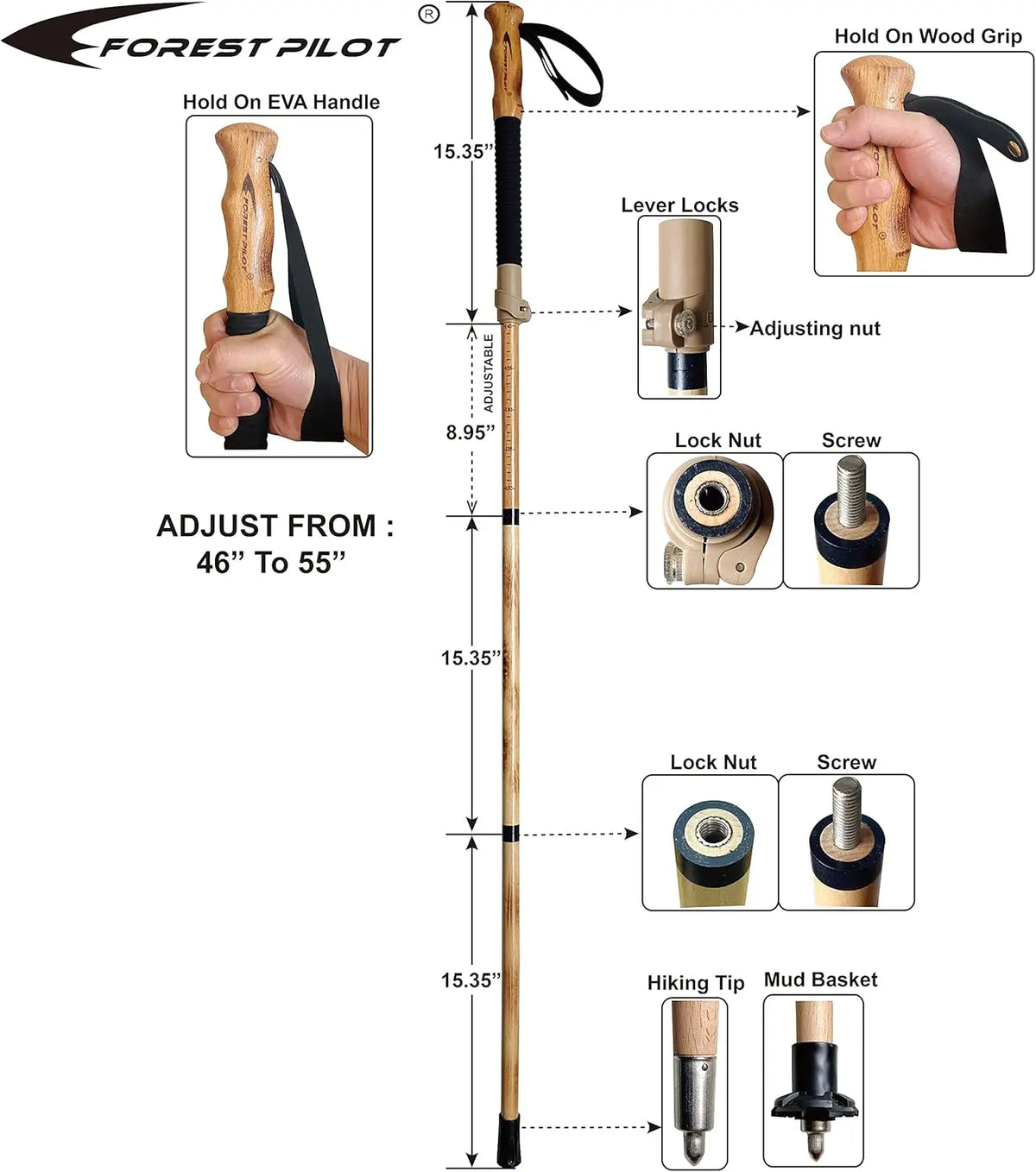 Trekking Poles - Adjustable Hiking Stick - Beech Wood Grip - Quick Adjust Flip-Lock - Leather Strap
