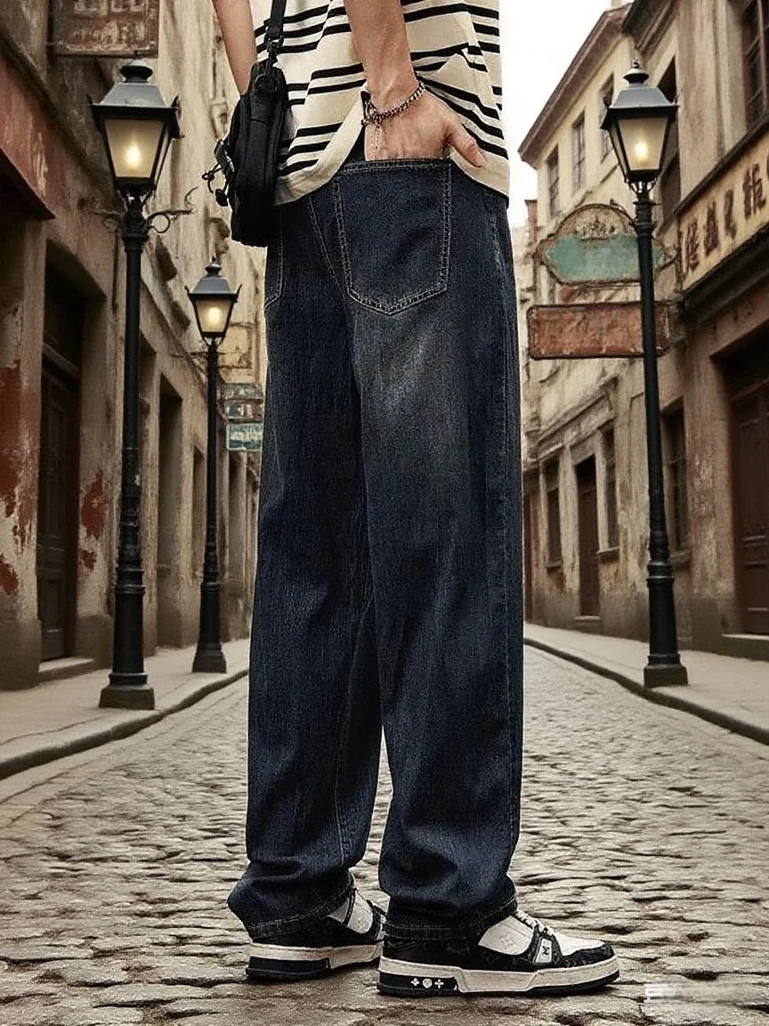 New Streetwear Loose Jeans Men Korean Fashion retro Denim Pants Solid wash Casual straight tubeTrousers Men Brand Clothing Wear