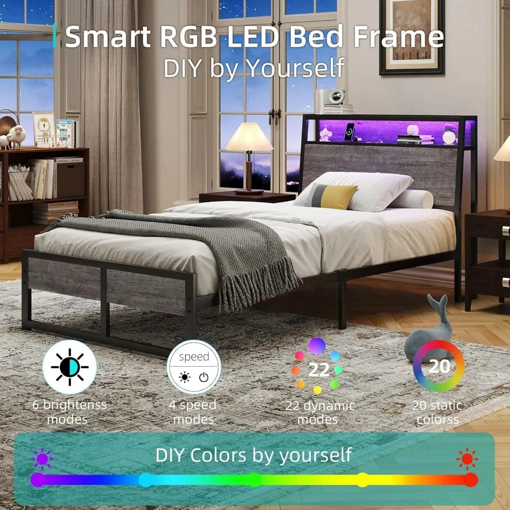 Twin Size Bed Frame with Built-in Charging Port and LED Lighting, Twin Bed Platform with Storage Headboard and Strong Steel Slat