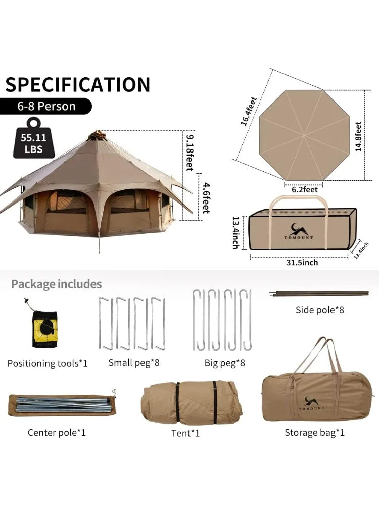 Canvas Tent Bell Tent 16.4ft*High9.2ft with Stove Jack for Glamping Family Camping Zipped Removable Floor