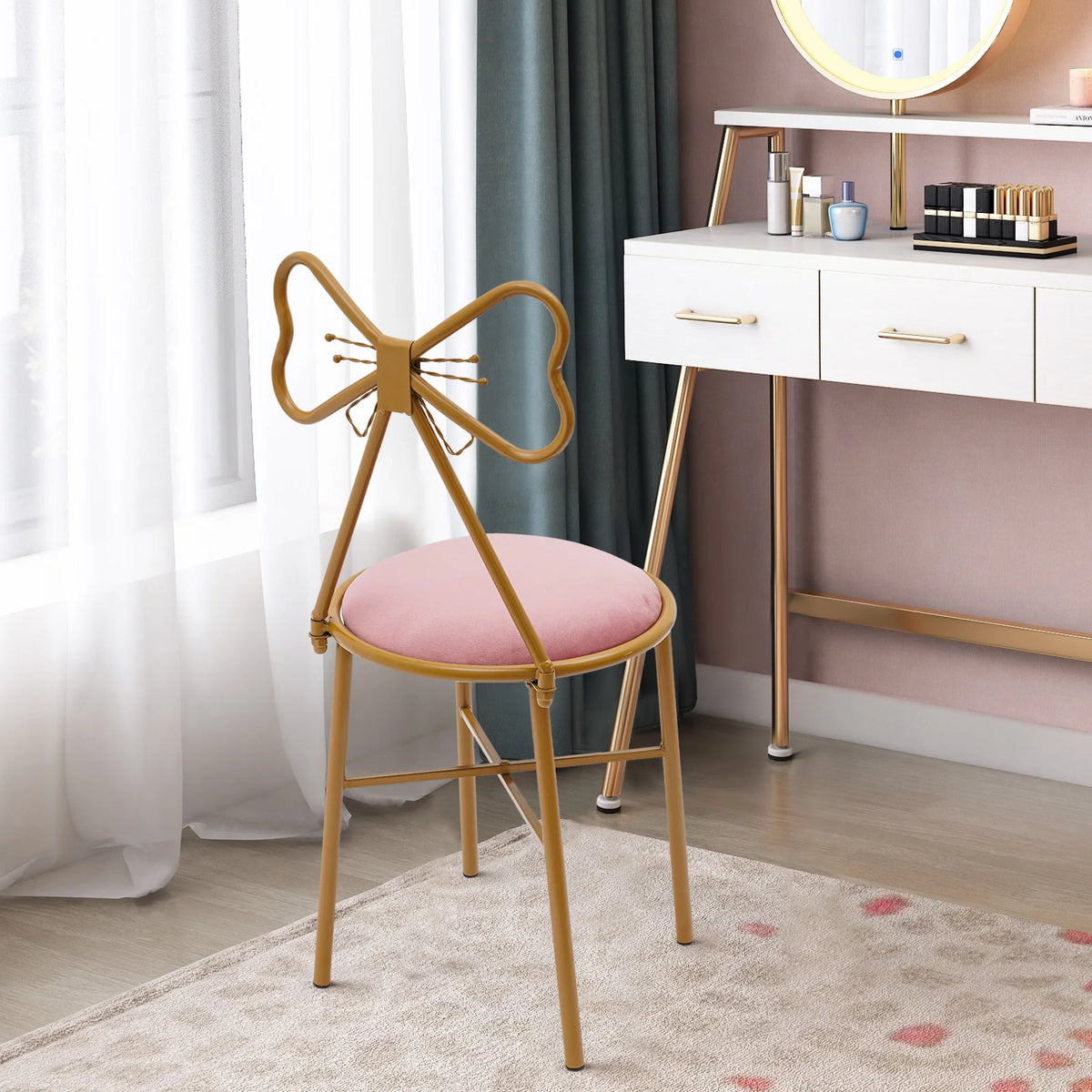 Bymaocar Deep Pink Makeup and Dressing Chair Weighing 220.46 Pounds with Bow Shaped Backrest for Restaurants,Nail Salons&Parties