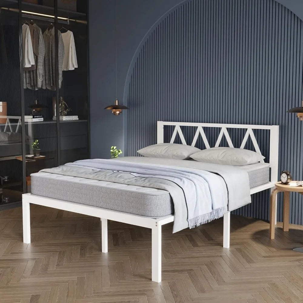 White Metal Full Size Bed Frame with Headboard, 18 Inch Platform Bed, No Box Spring Needed, Easy Assembly