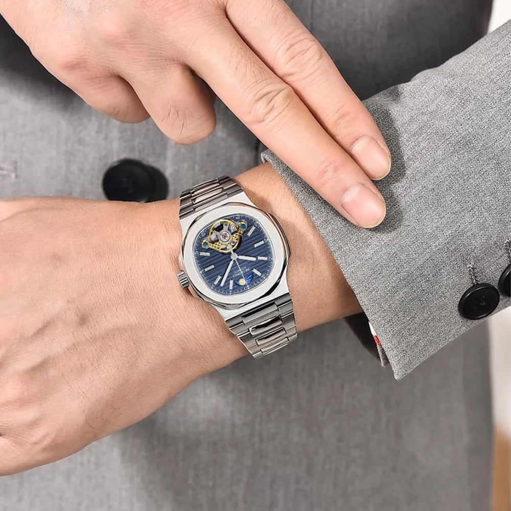 2025 New Men's Watches Luxury Automatic Watch For Men Mechanical 40MM WristWatch Moon Phase Skeleton Stainless Steel Hardlex